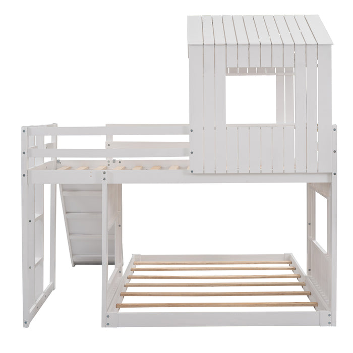New Space Wooden Twin Over Full Bunk Bed, Loft Bed with Playhouse