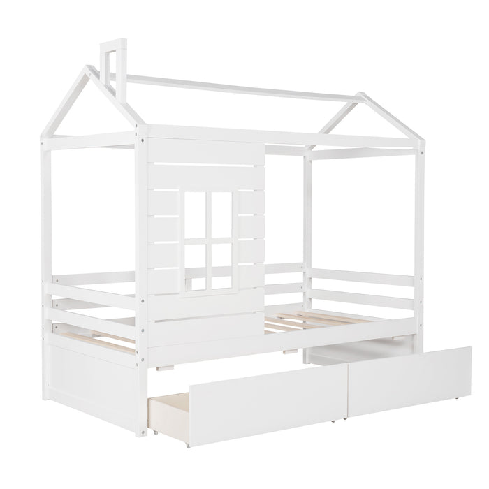 Twin Size House Bed Wood Bed with Two Drawers