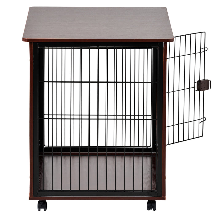 39' Length Furniture Style Pet Dog Crate Cage End Table with Wooden Structure and Iron Wire and Lockable Caters, Medium and Large Dog House Indoor Use.