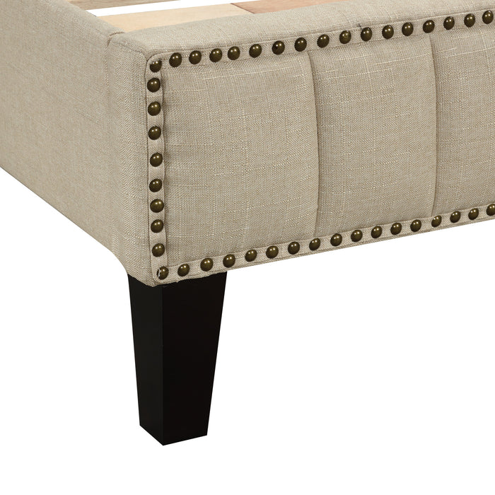 Pumpumly Modern Linen Curved Upholstered Platform Bed,Solid Wood Frame,Nailhead Trim (Queen)