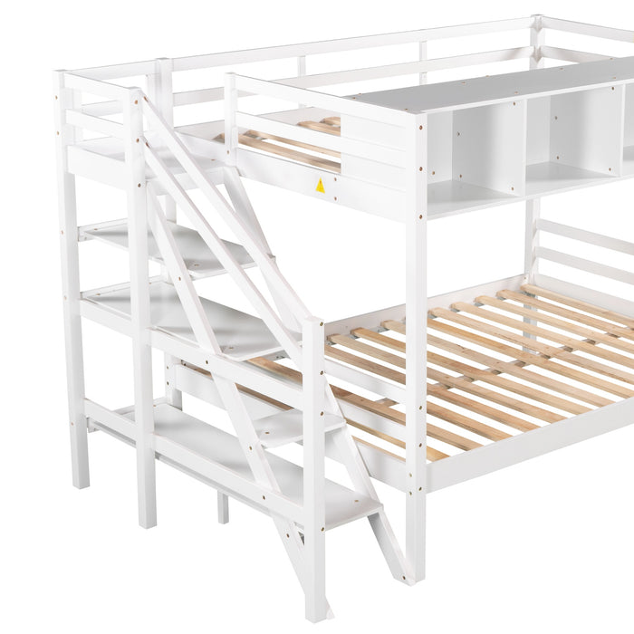 New Space Twin over Full Bunk Bed with Staircase and Built-in Storage Cabinets