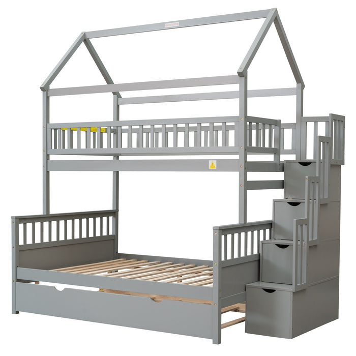 New Space Twin over Full Size House Bunk Bed with Storage Staircase