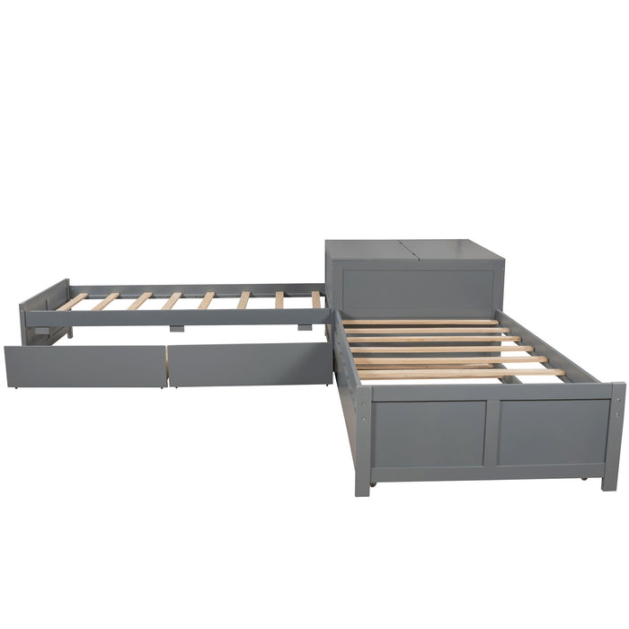 L-shaped Platform Bed with Trundle and Drawers Linked with built-in Flip Square Table,Twin