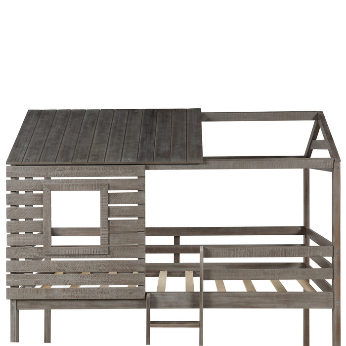 Twin Over Twin Bunk Bed Wood Loft Bed with Roof, Window, Guardrail, Ladder