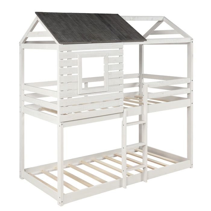 Twin Over Twin Bunk Bed Wood Loft Bed with Roof, Window, Guardrail, Ladder