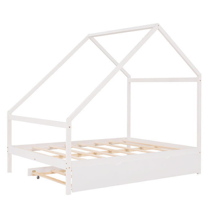 New Space Full Size Wooden House Bed With Twin Size Trundle