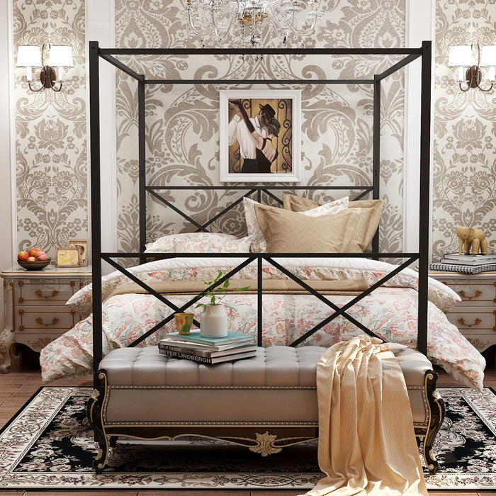 Metal Canopy Bed Frame, Platform Bed Frame with X Shaped Frame