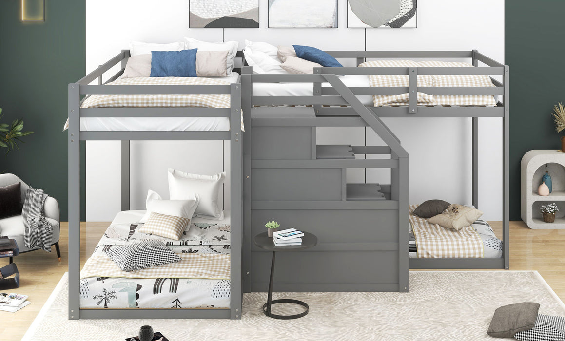 Twin over Twin L-Shaped Bunk Bed with Built-in Middle Staircase