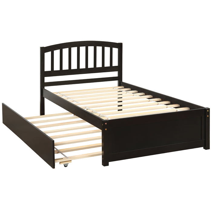 Twin size Platform Bed Wood Bed Frame with Trundle, Espresso RT