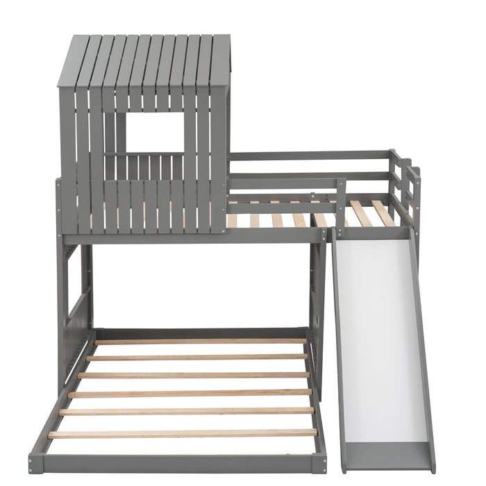 New Space Wooden Twin Over Full Bunk Bed, Loft Bed with Playhouse