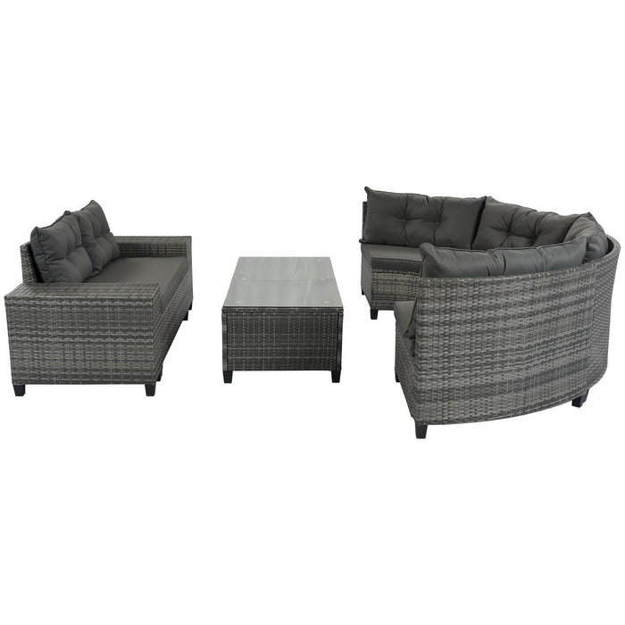 8-pieces Outdoor Wicker Round Sofa Set, Half-Moon Sectional Sets All Weather, Curved Sofa Set With Rectangular Coffee Table, PE Rattan Water-resistant and UV Protected, Movable Cushion, Beige