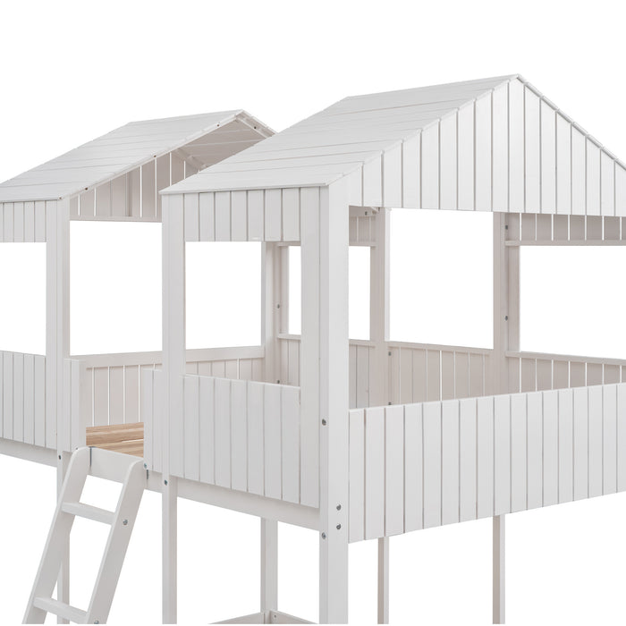 New Space Full Over Full Wood Bunk Bed with Roof Window