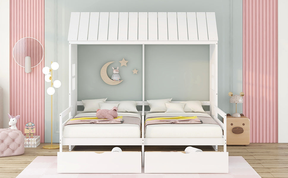 New Space Twin Twin House Bed with 2 Drawers White
