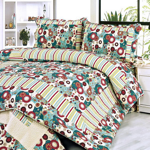 [Dianthe] Cotton 3PC Floral Vermicelli-Quilted Printed Quilt Set (Full/Queen Size)