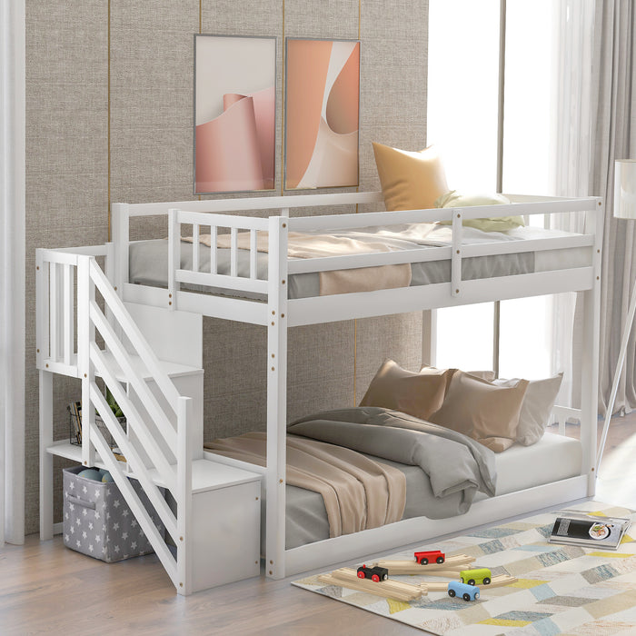 Twin over Twin Floor Bunk Bed, Ladder with Storage
