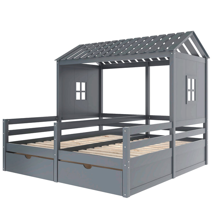 Twin Size House Platform Beds with Two Drawers for Boy and Girl Shared Beds, Combination of 2 Side by Side Twin Size Beds