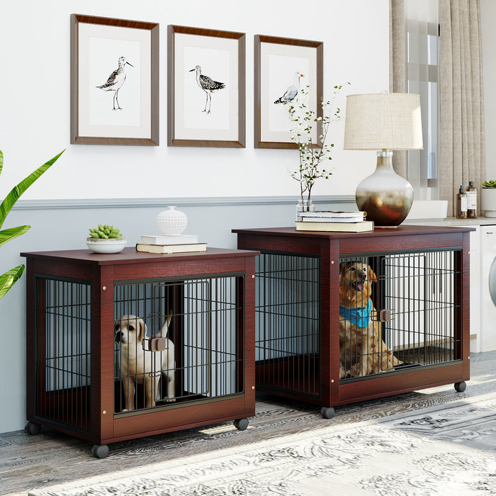 39' Length Furniture Style Pet Dog Crate Cage End Table with Wooden Structure and Iron Wire and Lockable Caters, Medium and Large Dog House Indoor Use.