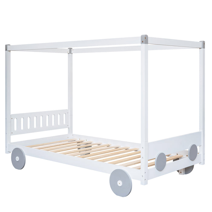 New Space Natural Twin Size Canopy Car-Shaped Platform Bed