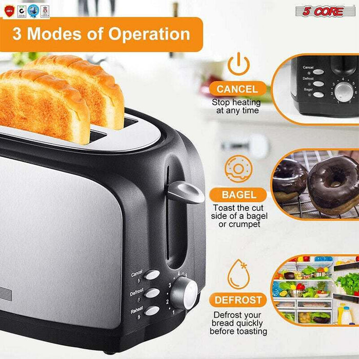 Toaster 2 Slice Stainless Steel Bread Toster Extra Wide Reheat Functions Removable Crumb Tray