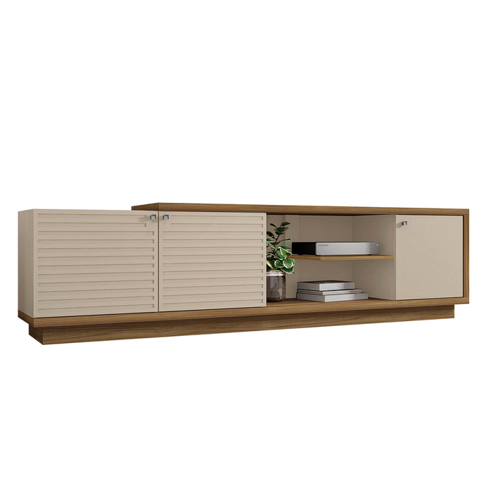 DunaWest 76.77 Inch Wooden TV Stand with 3 Doors and Grain Details, Brown and Off White