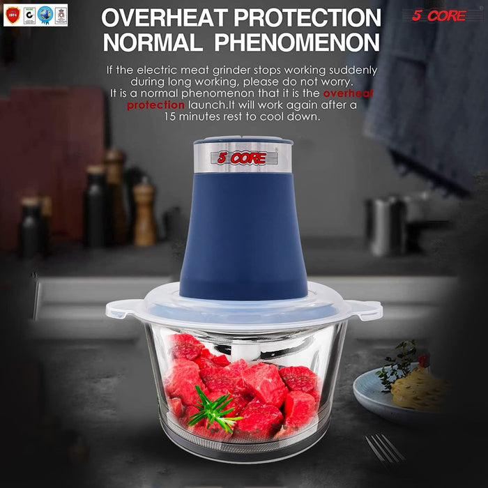 Premium Electric Meat Grinder Food Processor and 4 Titanium Blades, 12 Cup 2.2Qt Glass Strong Bowl for Vegetables Fruit Salad Onion Garlic Meat Ice 300W Motor 5 Core MG S GB