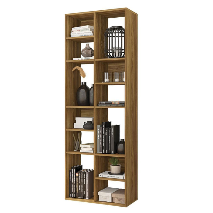 DunaWest Valerie 70 Inch Wooden Bookcase with 10 Shelves and Grains, Honey Brown