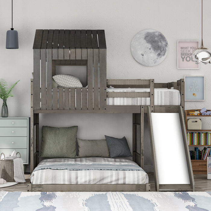 New Space Wooden Twin Over Full Bunk Bed, Loft Bed with Playhouse