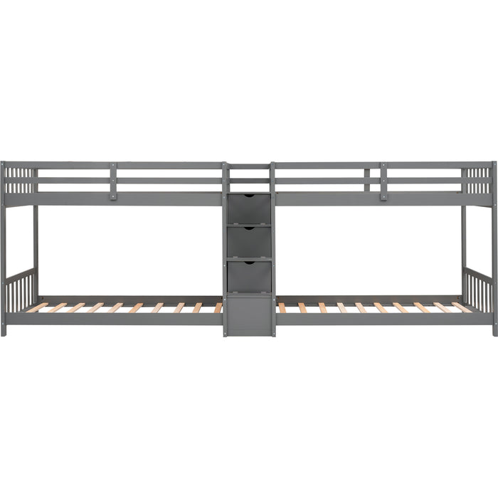 Twin over Twin Double Parallel Bunk Beds with Storage Staircase in the Middle and Full Length Guardrails, Gray