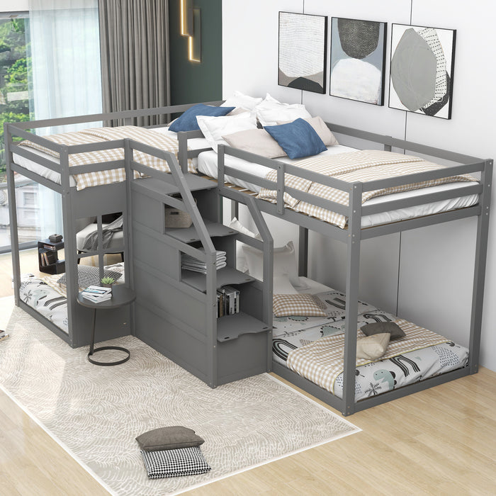Twin over Twin L-Shaped Bunk Bed with Built-in Middle Staircase