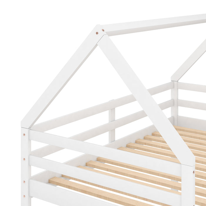 Twin over Twin Low Bunk Bed, House Bed with Ladder , White
