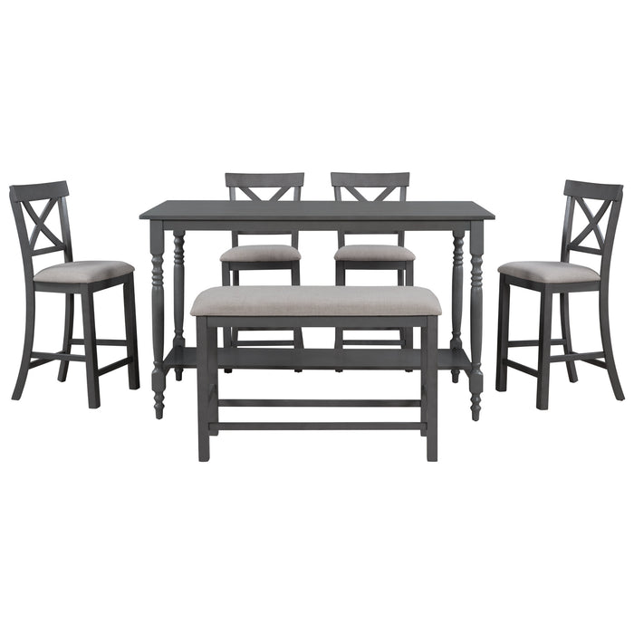 6-Pieces Counter Height Dining Table Set Table with Shelf 4 Chairs and Bench for Dining Room