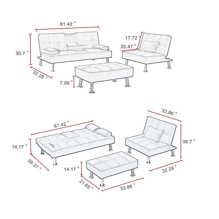 Fabric Folding Sofa Bed with 2 Cup Holders, Removable Armrest and Metal Legs, Single Sofa Bed with Ottoman,3 pcs for 1 sets