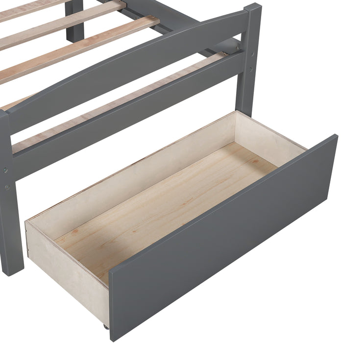 Twin Over Twin L-shaped Bunk Bed with Two Drawers, Pine Wood Bed Frame
