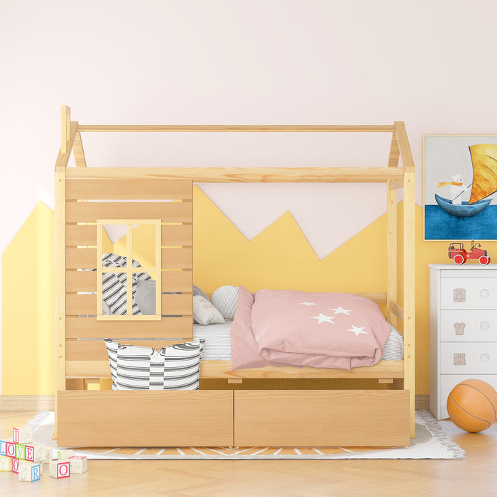 Twin Size House Bed Wood Bed with Two Drawers