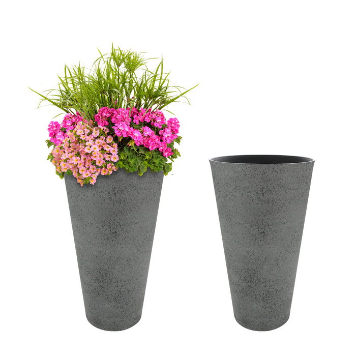 2 Pcs 24"H Tall Planters Plastic Plant Pots with Drainage, 14"W Large Round Tree Pot with Cement Pattern, Dark Grey