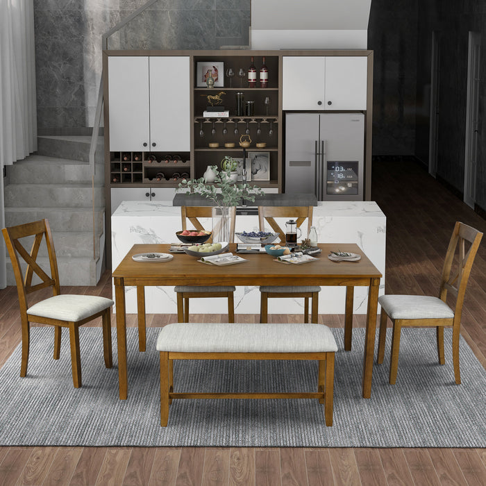 6-Piece Kitchen Dining Table Set Wooden Rectangular Dining Table, 4 Dining Chairs and Bench Family Furniture for 6 People