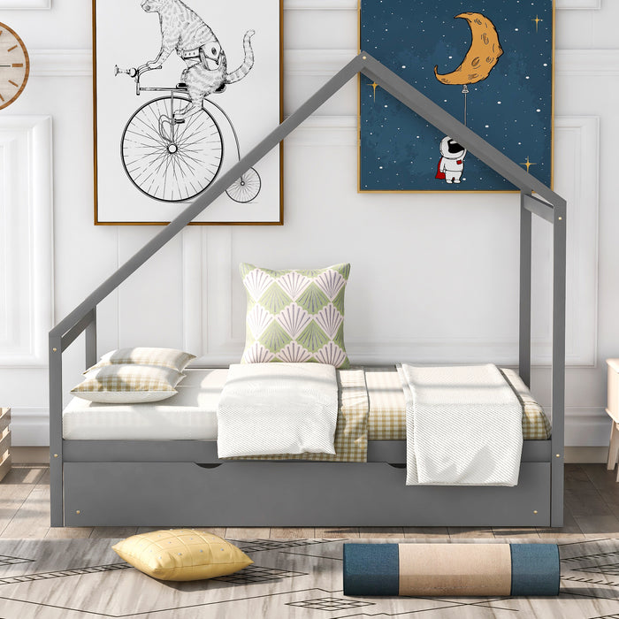 New Space Full Size Wooden House Bed With Twin Size Trundle