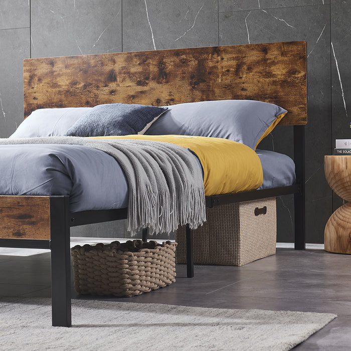 Full Size Metal Platform Bed Frame with Wooden Headboard and Footboard, No Box Spring Needed, Large Under Bed Storage, Easy Assemble