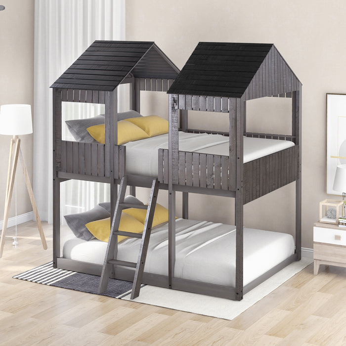 New Space Full Over Full Wood Bunk Bed with Roof Window