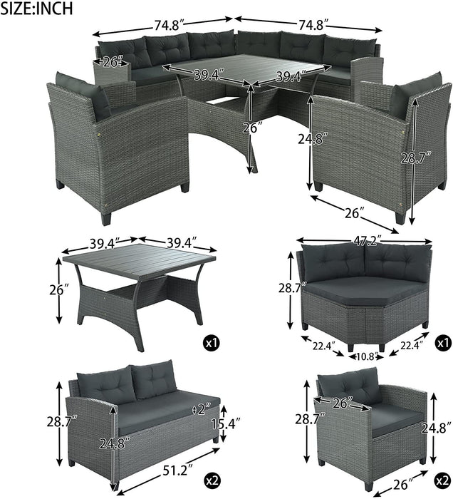 6-Piece Outdoor Wicker Sofa Set, Patio Rattan Dinning Set, Sectional Sofa with Thick Cushions and Pillows, Plywood Table Top, For Garden, Yard, Deck