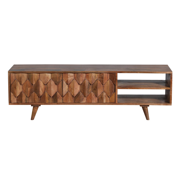 DunaWest Ero 57 Inch Mango Wood Media Console TV Cabinet, 2 Honeycomb Inlaid Doors, Natural Brown