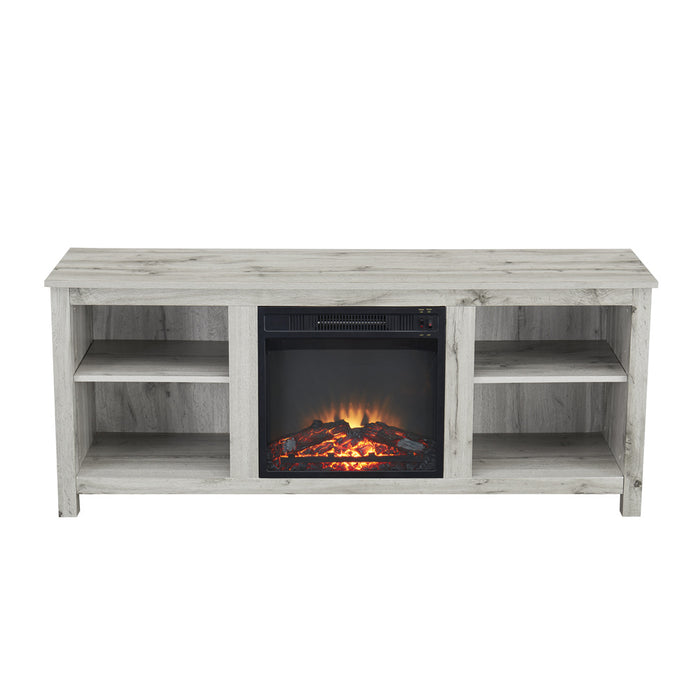Farmhouse Wooden TV Stand and Electric Fireplace, Fit up to 65" Flat Screen TV with Open Storage Cabinet and Adjustable Shelves Entertainment Center for Living Room, Light Grey