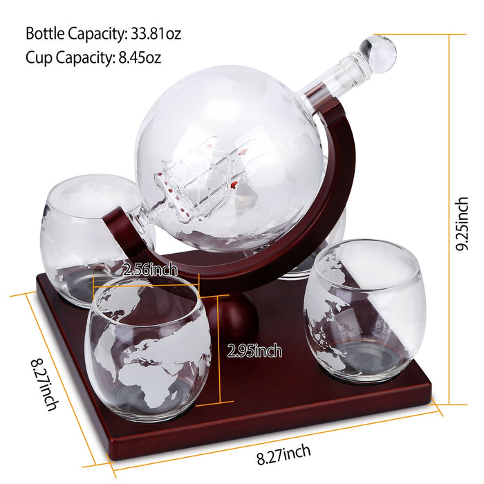 Whiskey Decanter Globe 4Pc Set Etched World Whiskey Glasses