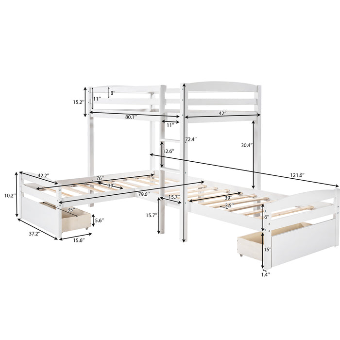 Twin Over Twin L-shaped Bunk Bed with Two Drawers, Pine Wood Bed Frame