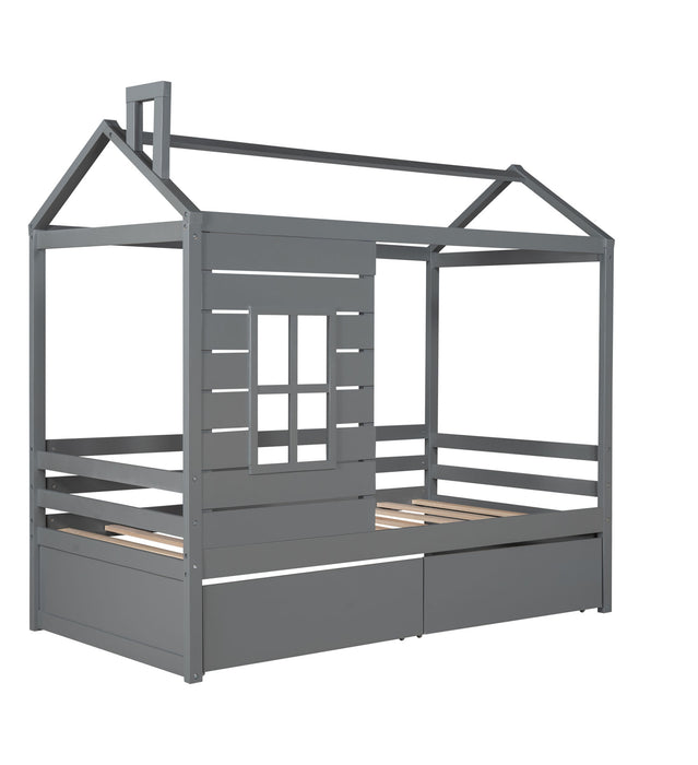 Twin Size House Bed Wood Bed with Two Drawers