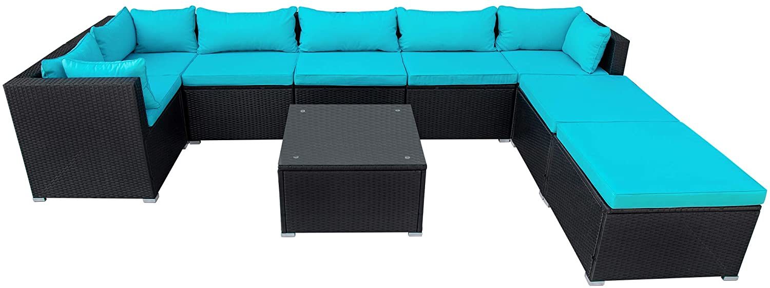 9-piece Outdoor Patio PE Wicker Rattan conversation Sectional Sofa sets with 3 sofa, 3 corner sofa, 2 ottomans, and 1 glass coffee table, removable soft cushions