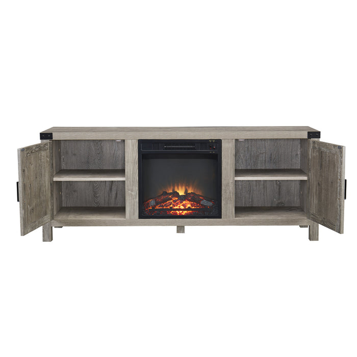 Farmhouse Wood TV Stand and Electric Fireplace, Fit up to 65" Flat Screen TV with Storage Cabinet and Adjustable Shelves Entertainment Center for Living Room, Grey Wash
