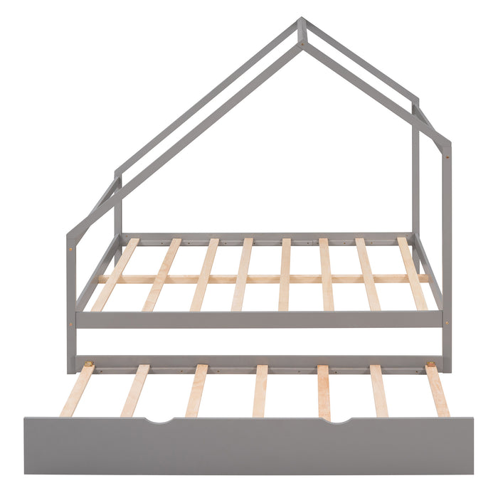 New Space Full Size Wooden House Bed With Twin Size Trundle