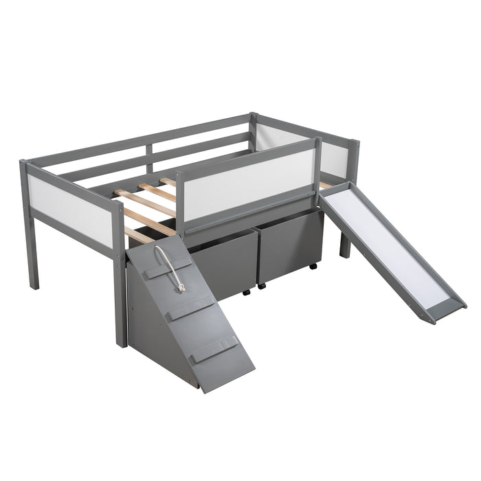 New Space Twin size Low Loft Bed Wooden Bed with Two Storage Boxes