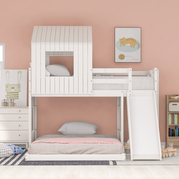 New Space Wooden Twin Over Full Bunk Bed, Loft Bed with Playhouse